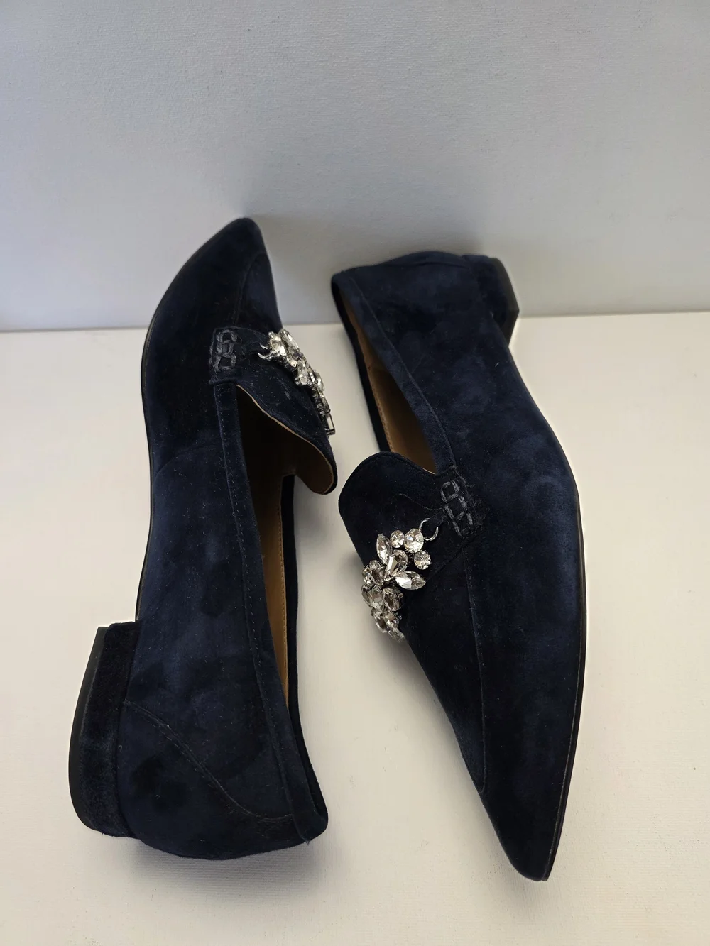 Talbots Navy Suede Pointed Toe Loafer with Crystal Brooch